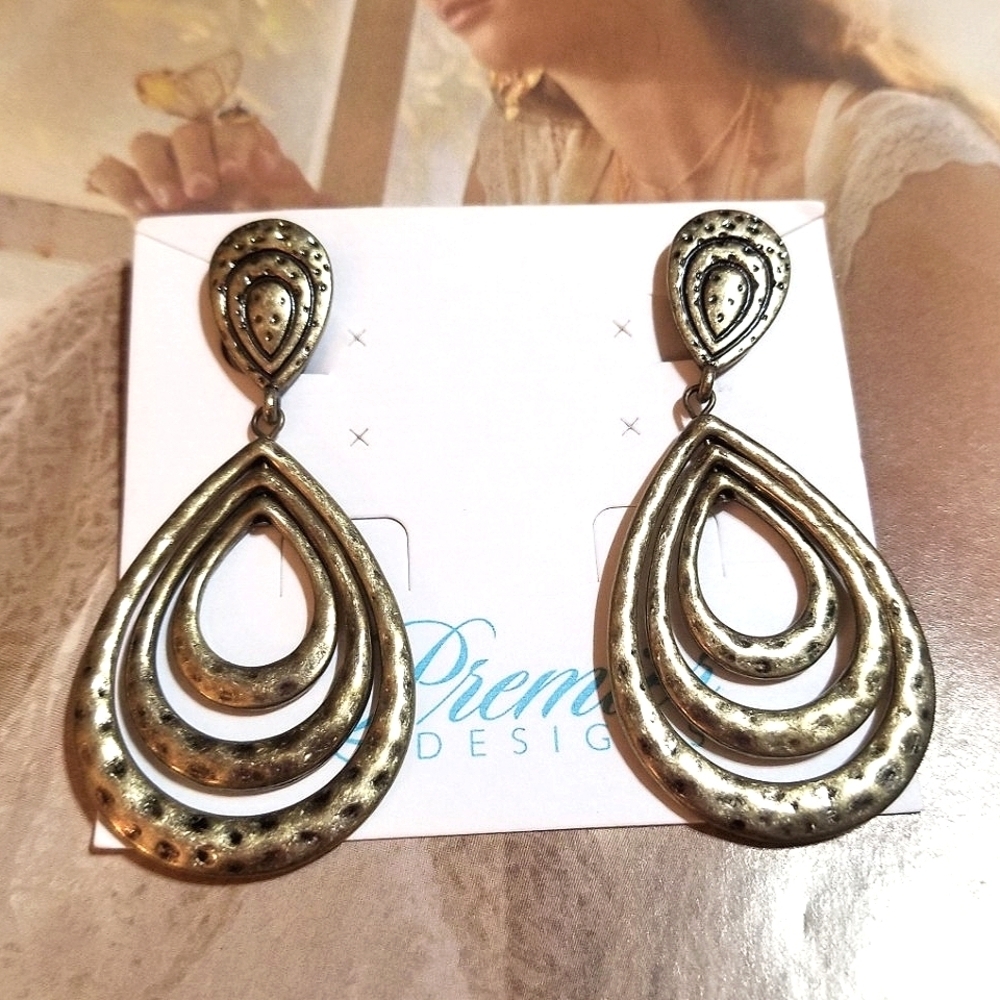 NEW Premier Designs Antiqued Gold tone Long Clip On Earrings